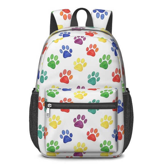 Dog Paw Print Multicolor White Pattern 17" School Backpacks for Teens,Waterproof Oxford Fabric,S-Shape Padded Straps for School,Travel,Hiking,Camping