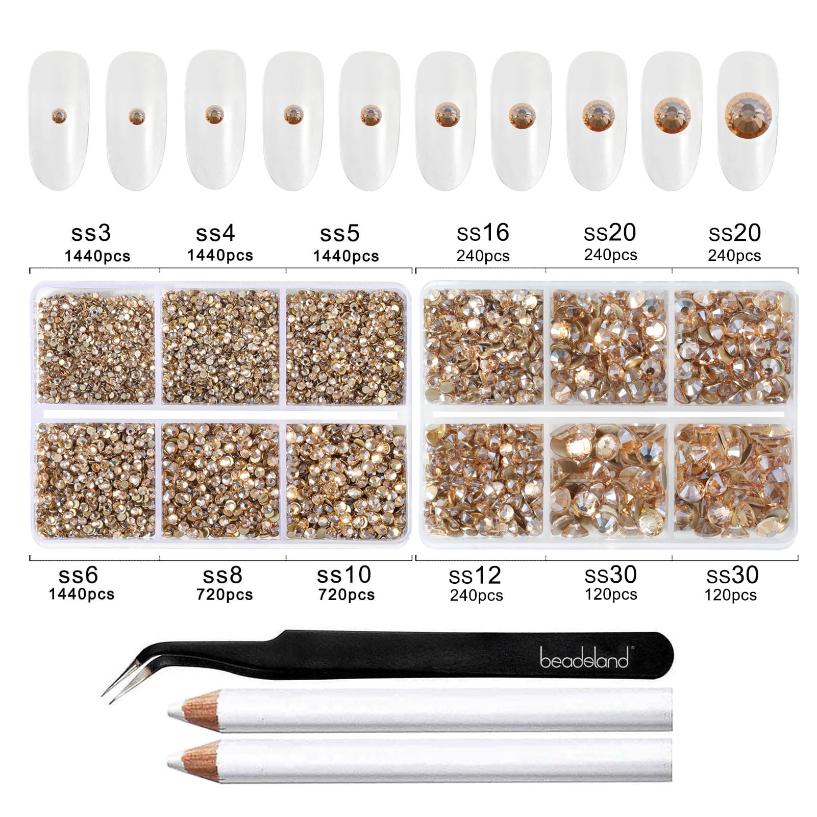 Beadsland 8300PCS Flatback Rhinestones 10 Sizes with Wax Pencil and Tweezer Kit, SS3-SS30, Golden Shadow