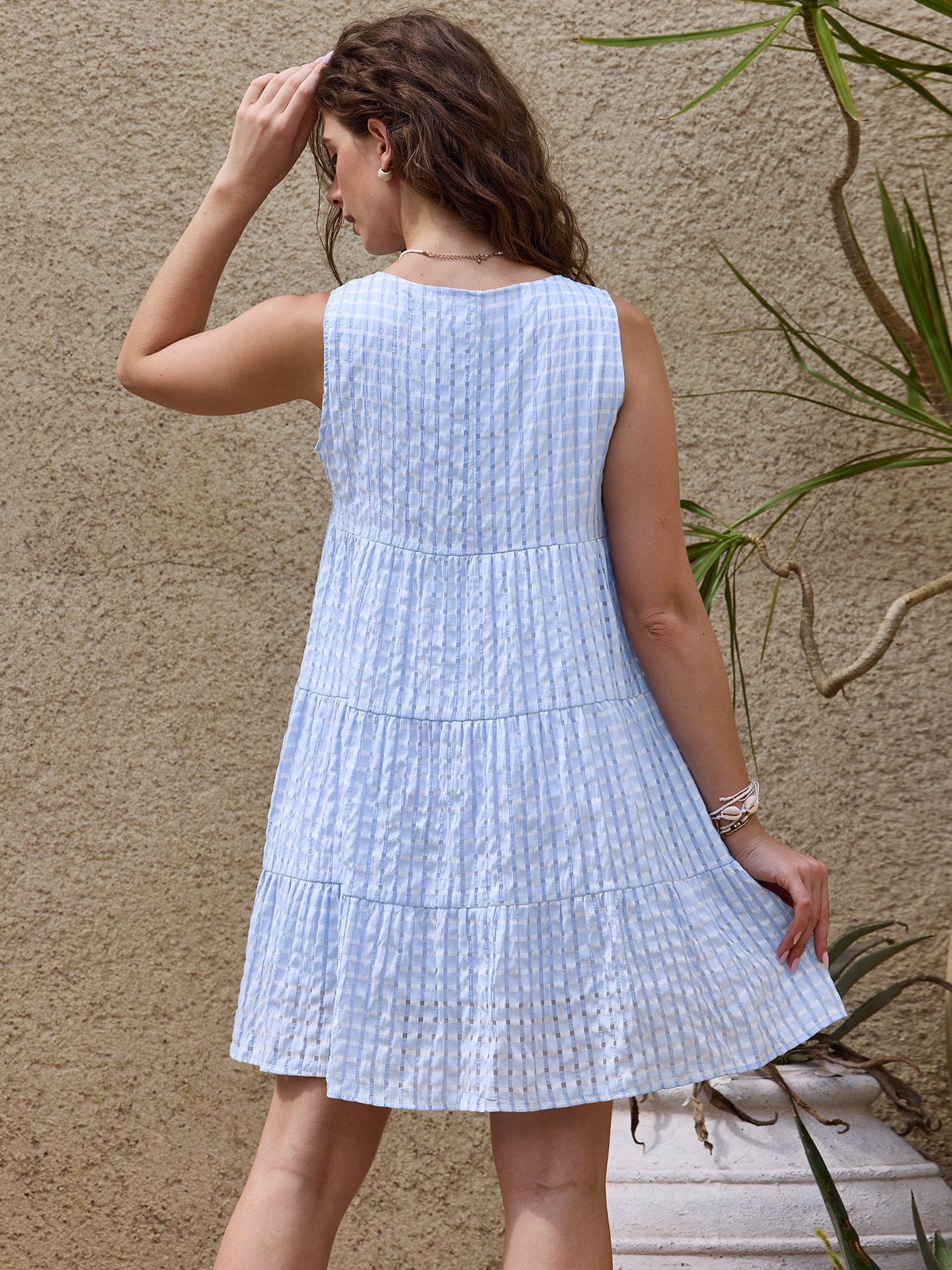 DARING DIVA Women's Gingham Flowy Swing Plaid Tiered Short Dresses S Light Blue