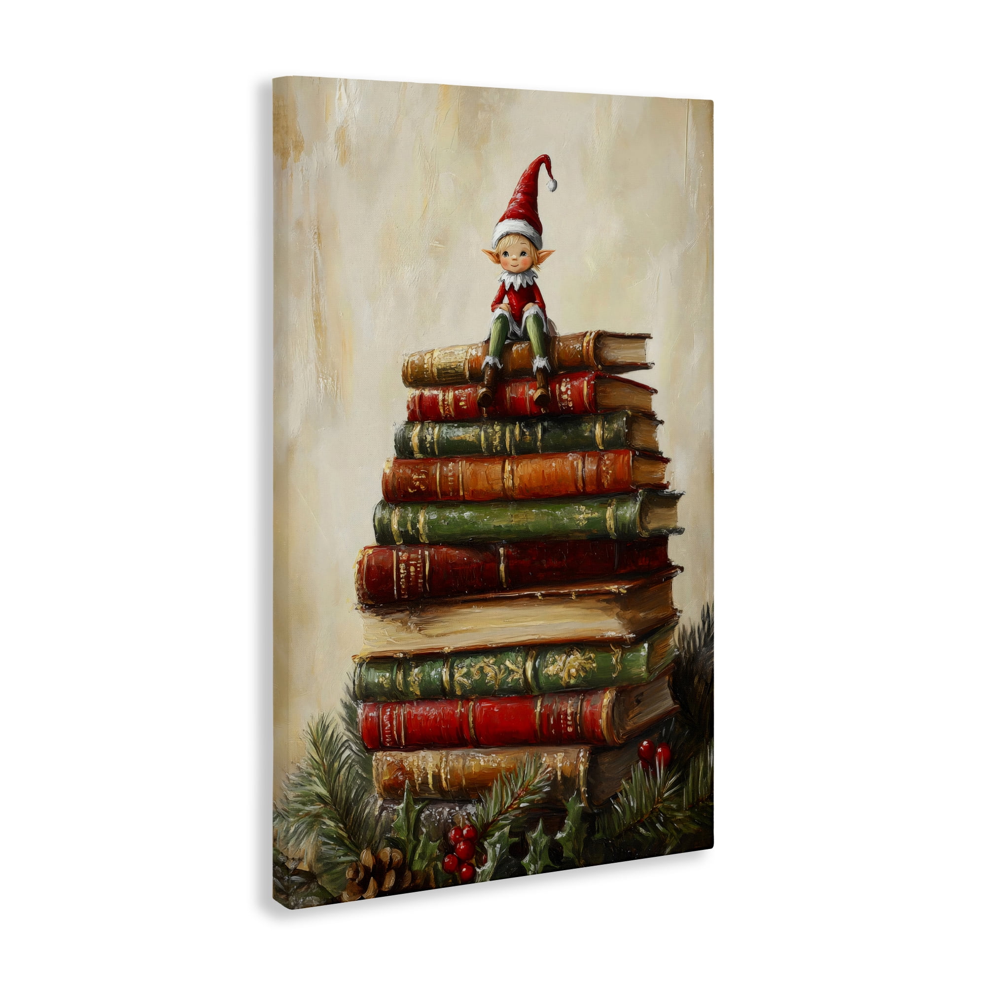 Christmas Elf Bookstack Canvas Wall Art, design by Petal Prints Design