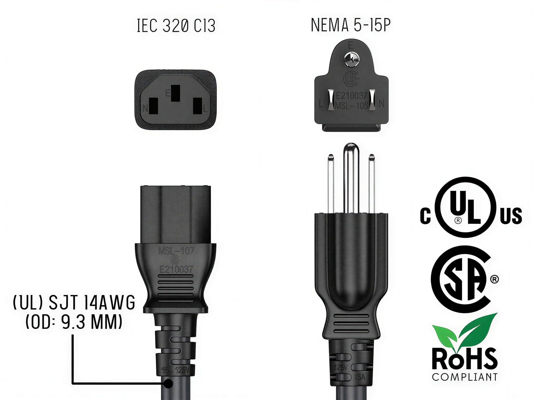 Cable Leader 10 ft 14 AWG Universal Power Cord IEC320 C13 to NEMA 5-15P