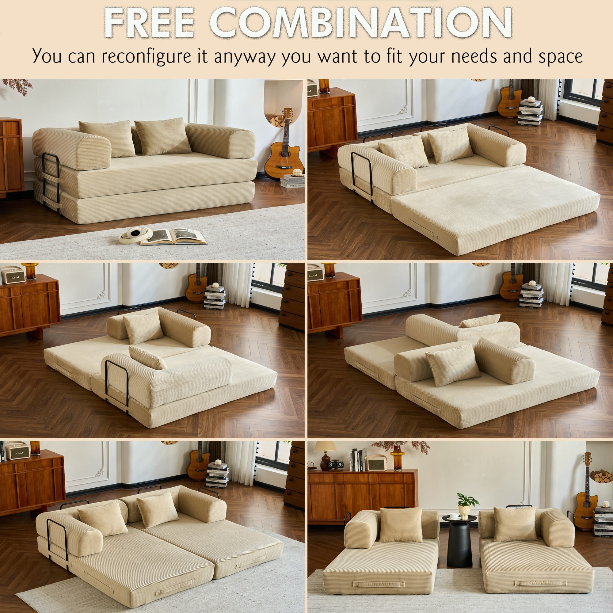 BSHTI 59" Corduroy Convertible Sleeper Sofa Bed with Cylindrical Pillow, No Assembly, Small Space for Living Room（Beige）