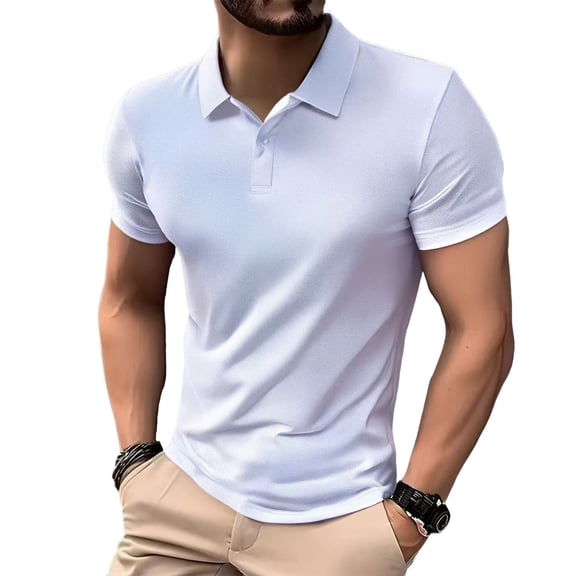 VgaVtl Summer Men Polo Shirts Short Sleeve Basic Mens Clothes Button Plain Turn Down Collar Slim Workout White Shirts