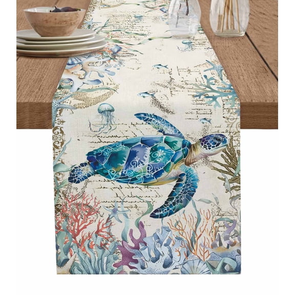 ERUNPONLY Teal Sea Turtle Coastal Table Runner - 70 Inch Long Retro Ocean Summer Beach Coral Cotton and Linen Blended Dress Scarves Farmhouse Table Runner for Kitchen Dining, Coffee Table, 13"x70"