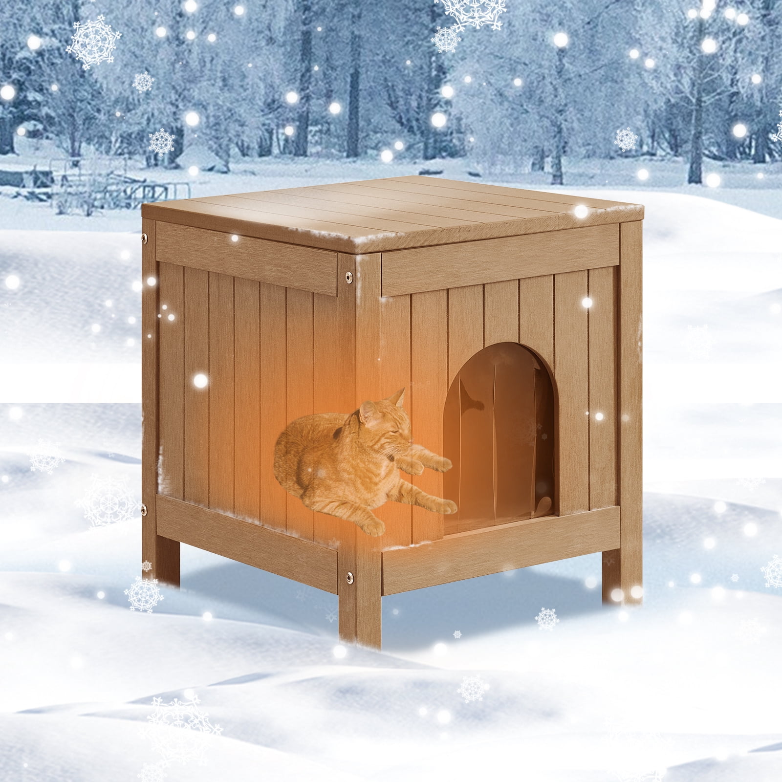 GONICHA Insulated Cat House, Weatherproof Poly Lumber Outdoor Cat House, Moisture-Proof Elevated Cat Shelter with Side Table Function, Openable Roof to Easy Cleaning Cat Houses -Teak Color