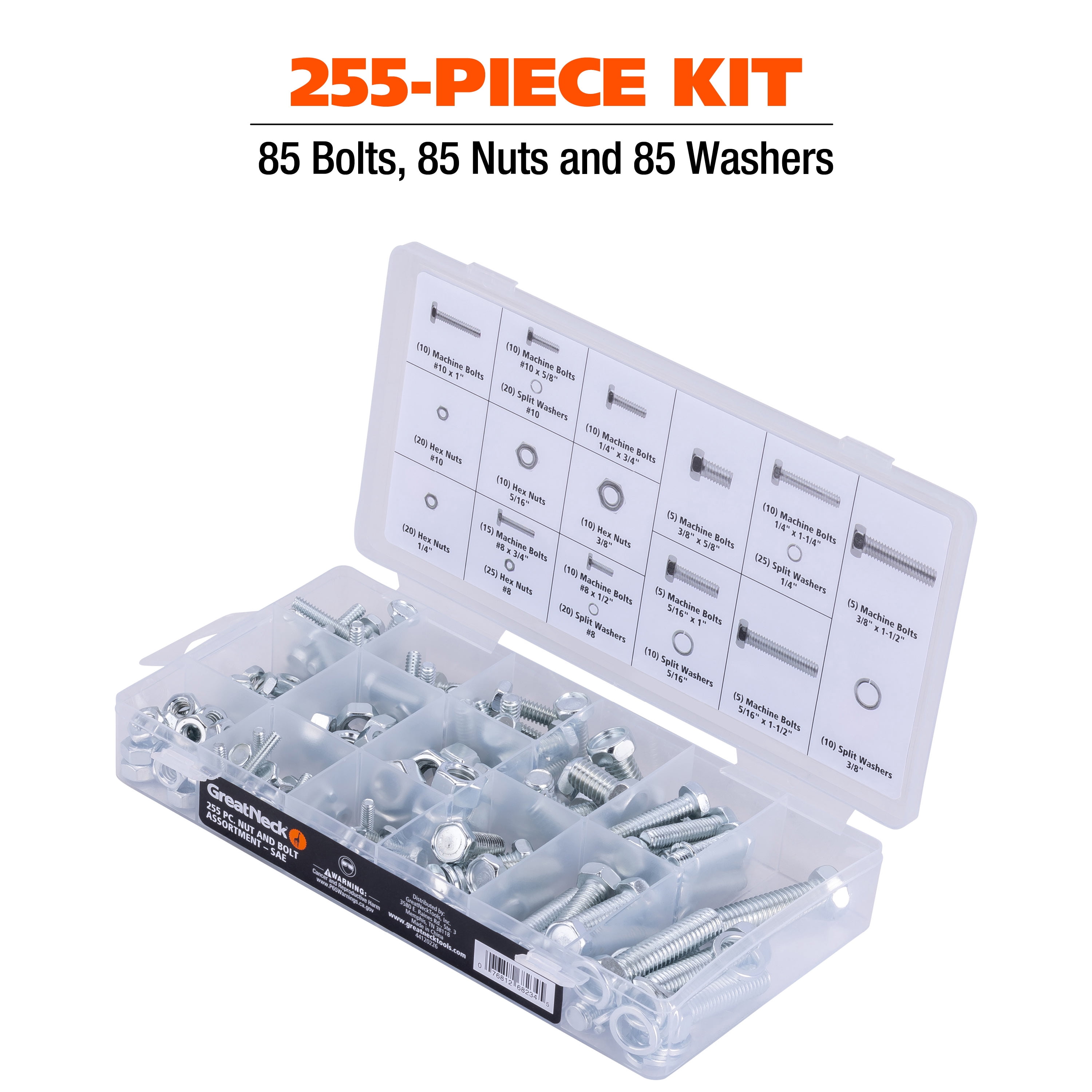 Great Neck Tools 255-Piece SAE Nut & Bolt Assortment Set, Silver, Machine Bolts, Hex Nuts, & Split Washers