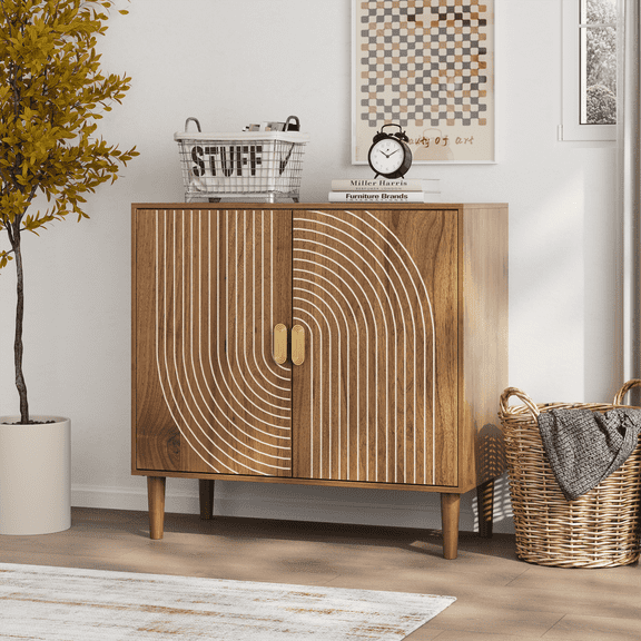 Lisonu Walnut Wood Buffet Cabinet with Line Groove Design, 31.5 x 14.96 x 30.71 Inch Storage Sideboard with Adjustable Shelves for Living Room, Kitchen, Entryway, Office, Brown
