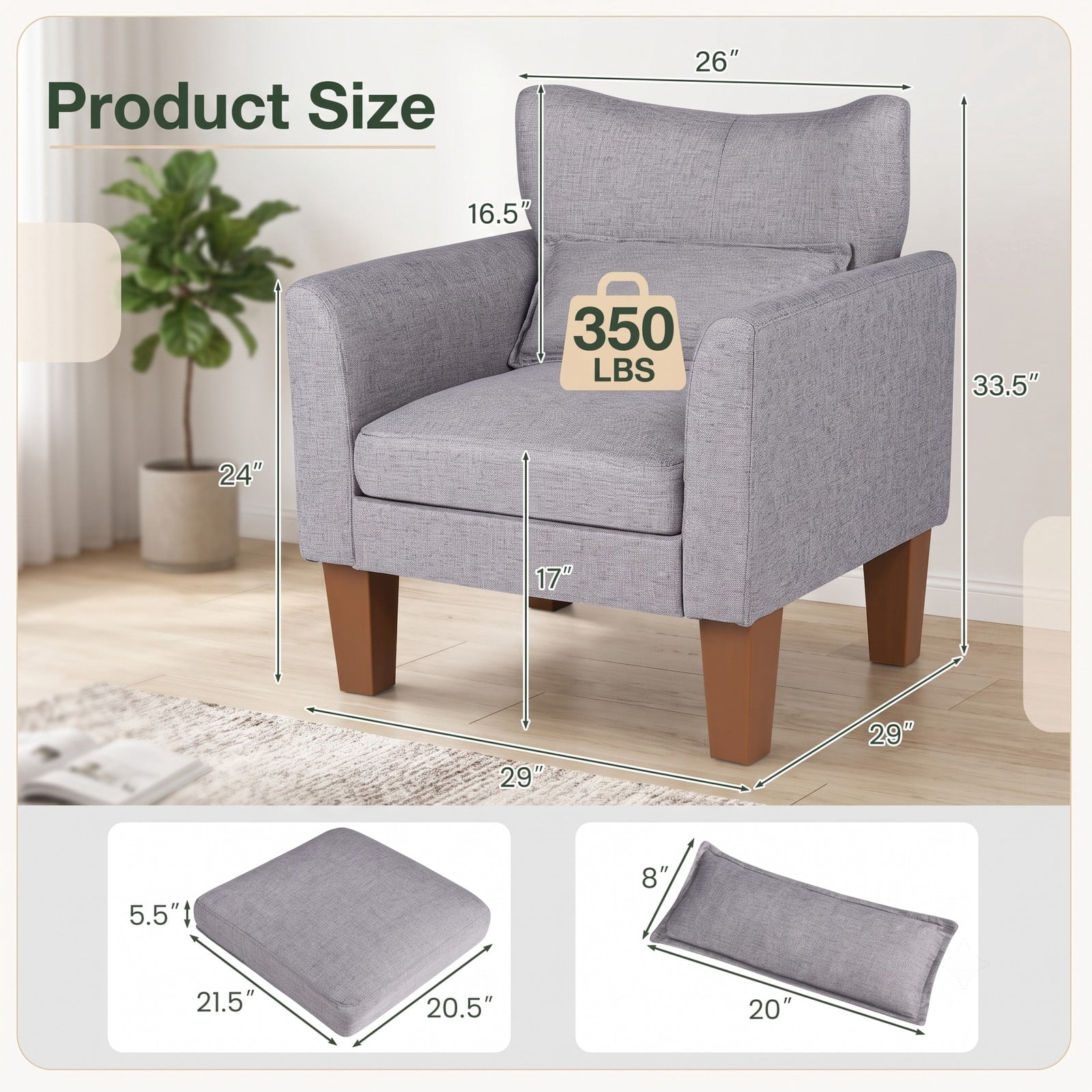 Furnibear Modern Accent Chair with Removable Seat Cushion and Lumbar Pillow, Faux Linen Upholstered Armchair for Living Room Bedroom Office Reading Nook, 350 lbs, Gray