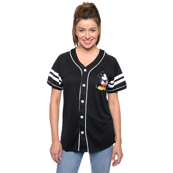 Disney Mickey Mouse Baseball Jersey Black Button Down Shirt Women's