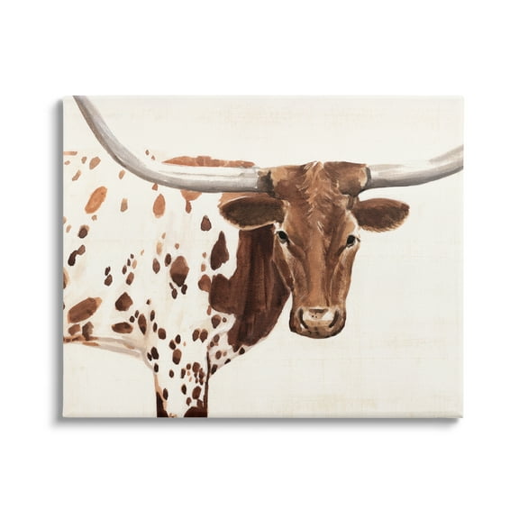 Country Brown Spotted Longhorn Cattle Portrait Animals & Insects Painting Gallery-Wrapped Canvas Print Wall Art