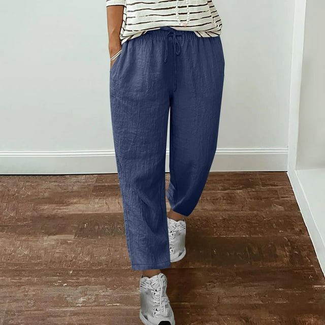Womens Casual Wide Leg Elastic Waist Pants Cotton Linen Loose Lightweight Trousers with Pockets Summer Solid Color Drawstring Pant 2025