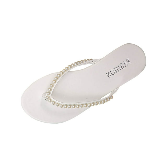 Sandales de Plage pour Femmes Semelle Plate Bride Perlée Sandales Décontractées de Plage d'Été Blanches