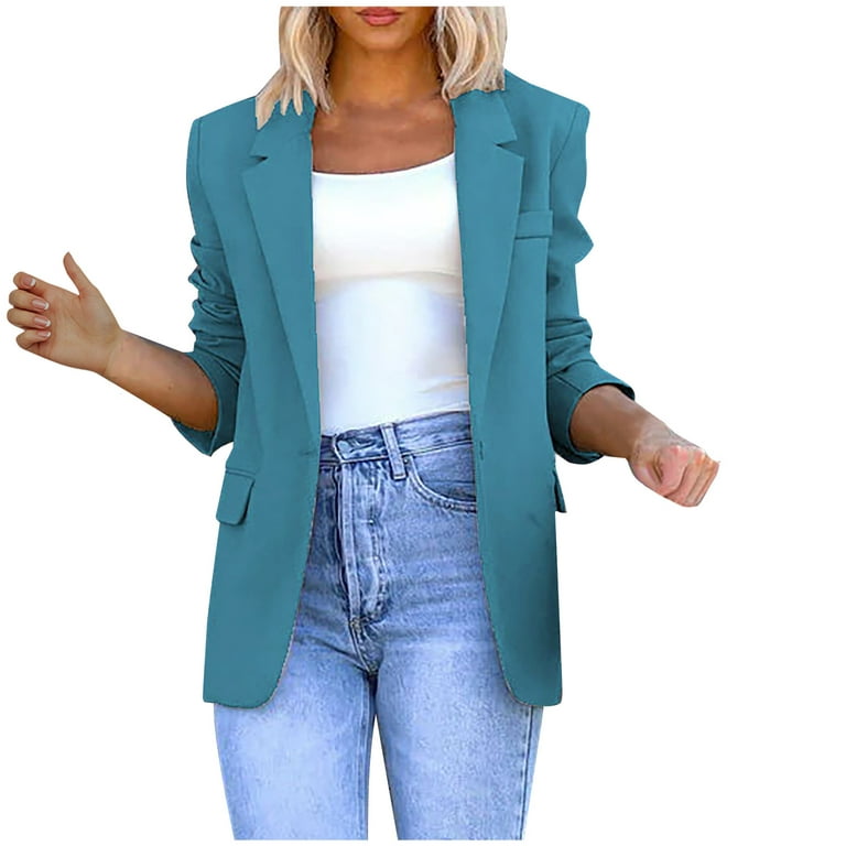 SMihono Women's Fashion Loose Blazer Coat Elegant Flash Pick Solid Business  Trendy Work Notched Lapel Collar Office Jacket Buttons Open Front Pocket  Long Sleeve Womens Suit Navy 6 