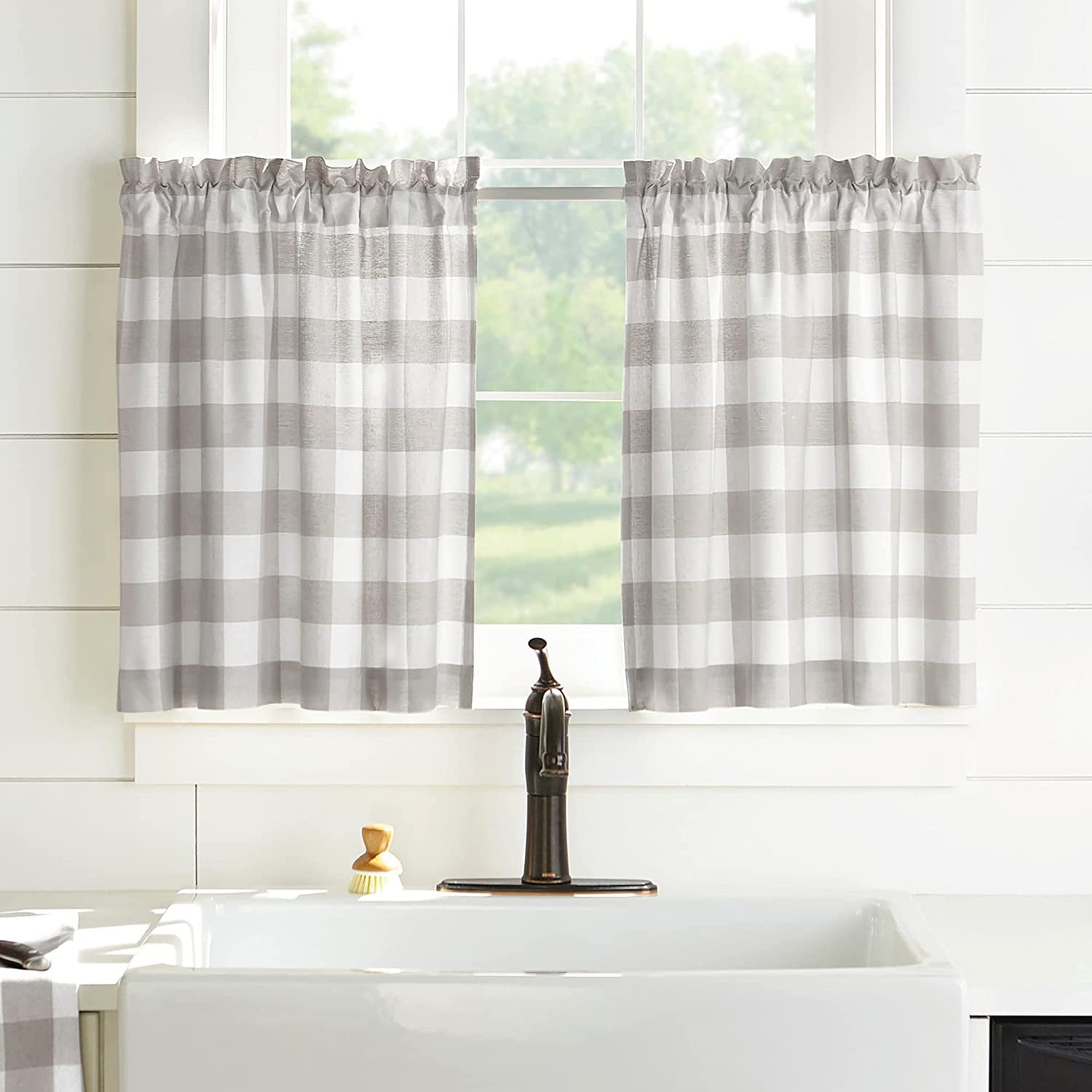 Farmhouse Living Buffalo-Check Tier Curtain Set for Bathroom or Kitchen Curtains, 30' x 36'(Set of 2 Tiers), Gray/White