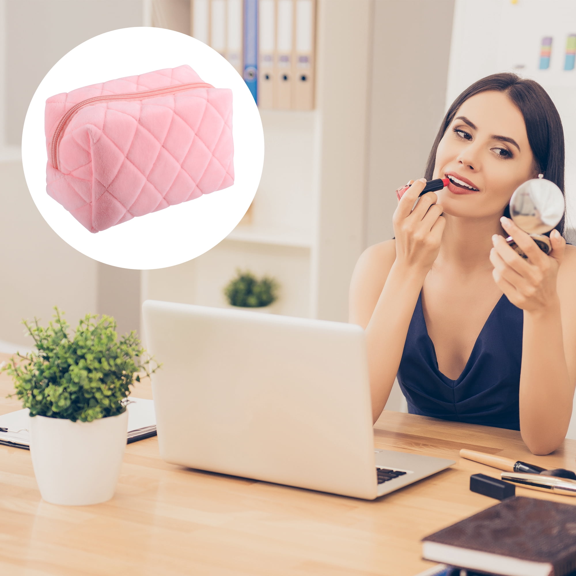 Unique Bargains 1Pc Soft Velet Durable Portable Travel Makeup Bag for Toiletry  Pink