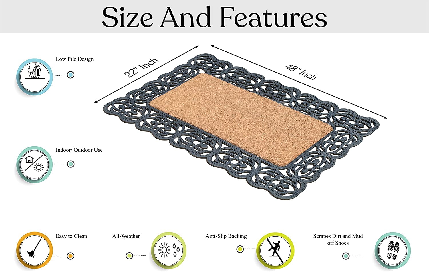 A1HC Natural Coir and Rubber Large Door Mat, 22x48, Thick Durable Doormats for Indoor Outdoor Entrance, Heavy Duty, Thin Profile Door Mat