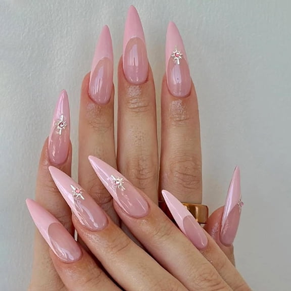 Flower French Tip Press on Nails Short Oval Fake Nails Glossy Acrylic Stick on Nails Artificial Stick on Nails for Women Multicolor Pink French Tip