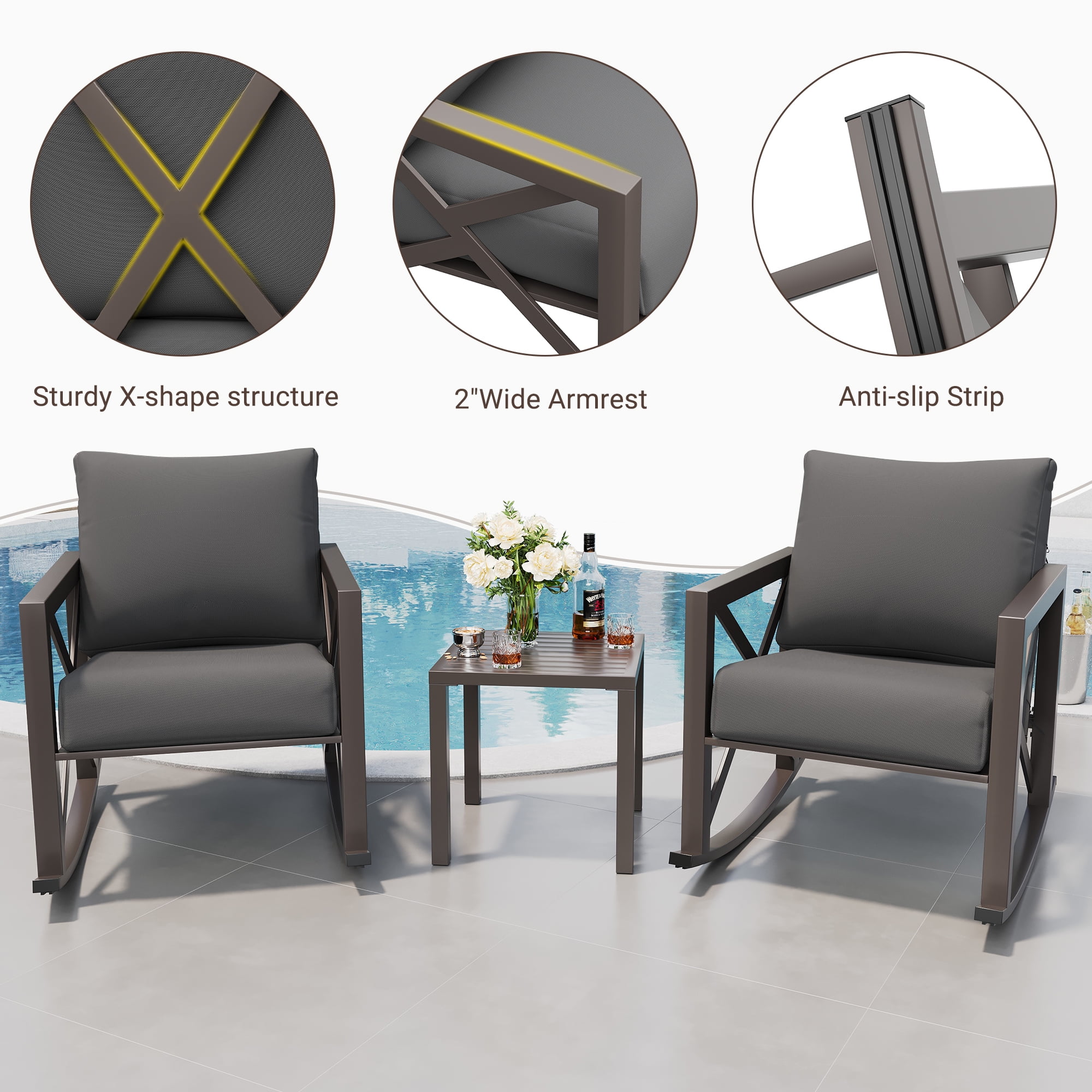 MRUAKA Rocking Chair Bistro Set,3 Piece Outdoor Patio Furniture Set with 2 Rockers and 1 Metal Coffee Table with Thick Cushions for Porch,Backyard,Poolside,Dark Grey