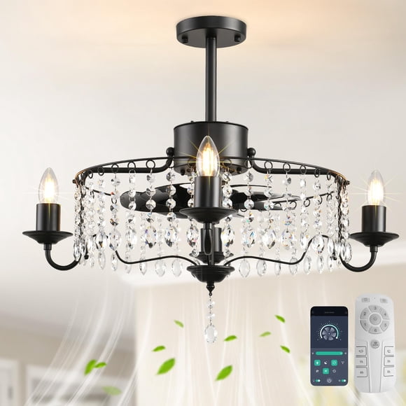 Garwarm 19.6in Crystals Ceiling Fan with Lights,Bladeless Black Fandelier Ceiling Fan with Remote, Industrial Flush Mount Ceiling Fan Lights Ceiling