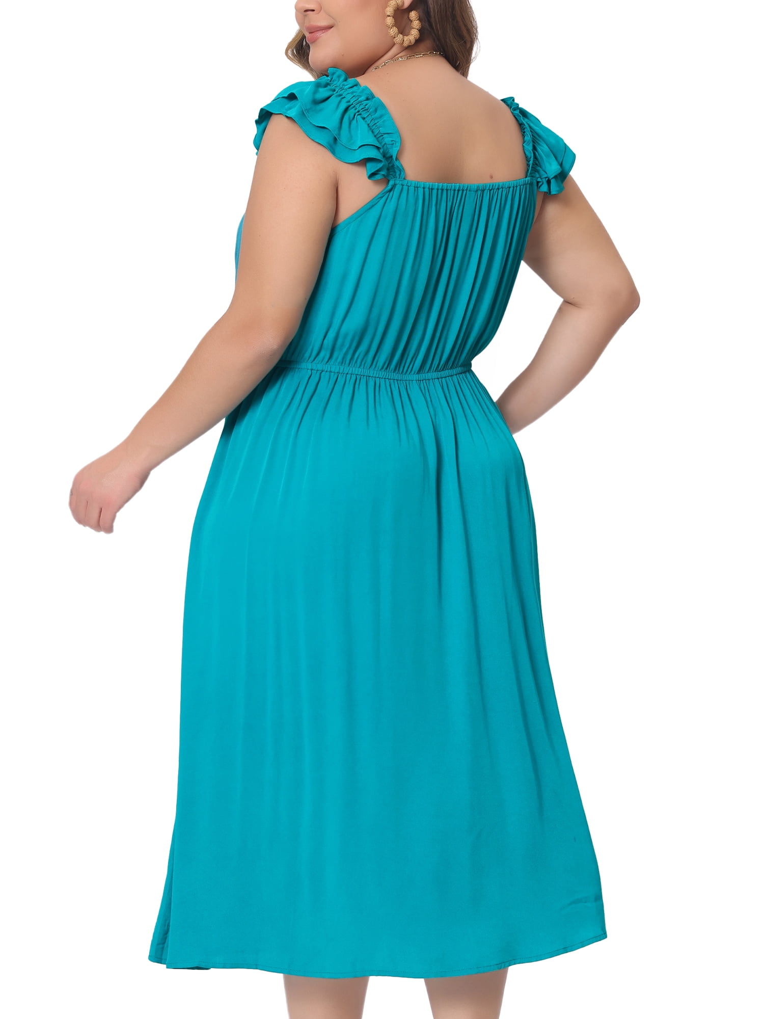 DARING DIVA Women's Plus Size Ruffle Cap Sleeve Shirred Waist A Line Dress 3X Lake Blue