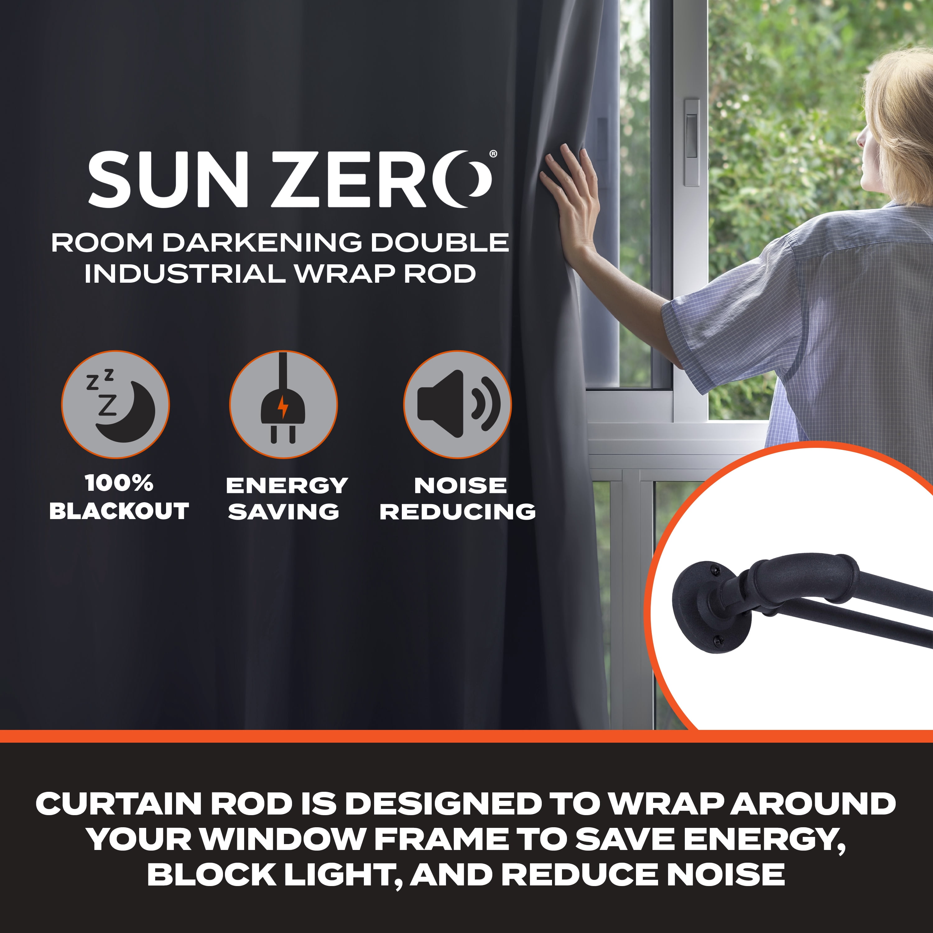 Sun Zero 0.75" Black Adjustable Double Curtain Rod Set, 66"-120"