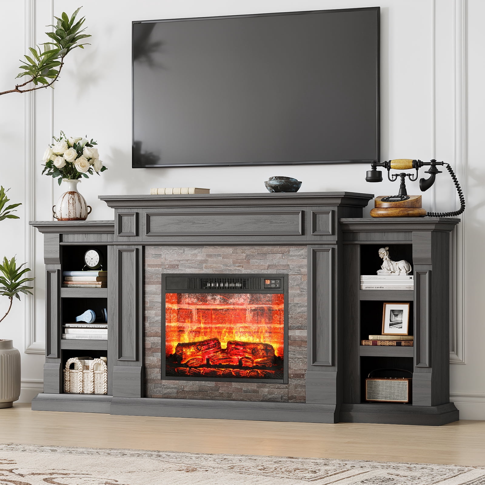 Holliwill 72" Electric Fireplace with Mantel, Farmhouse TV Stand for TVs up to 80", Entertainment Center with 23" Red Brick Fireplace Insert Heater for Living Room, Bedroom, Black