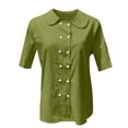 thumbnail image 3 of Womens Tops Plus Size Ladies' Cotton And Linen Shirt 2025 Solid Color Loose Double Breasted Lapel Casual Short Sleeved Blouse, 3 of 4