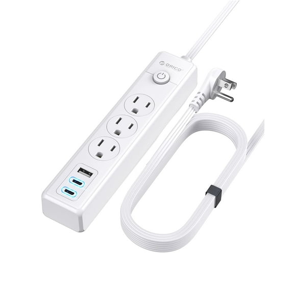 ORICO Flat Extension Cord 25ft 3 Outlets 3 USB Ports Flat Plug White