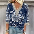 thumbnail image 2 of BangWanChi 3/4 Length Sleeve Womens Tops Plus Size Tunic Fashion Women's Summer V-Neck 3/4 Sleeve Lace Print Casual T-Shirt Blouse, 2 of 5