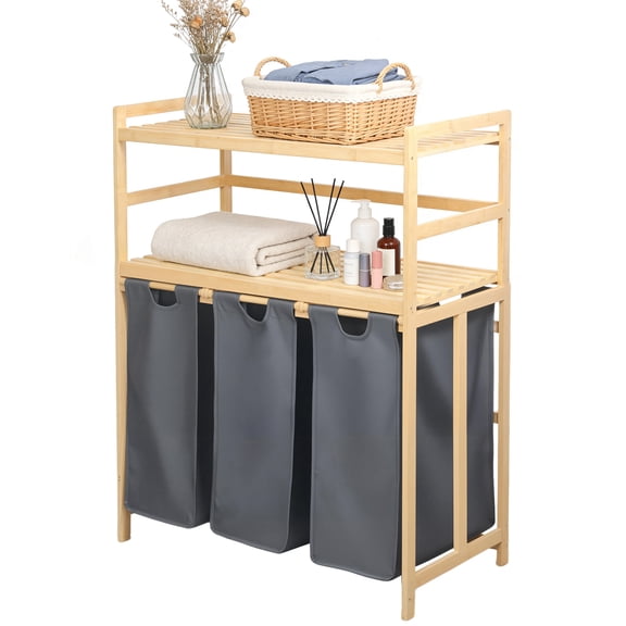 2-Tier Laundry Basket With 3 Section, Large Capacity Laundry Sorter, Laundry Hamper With Removable Bags, Washable, Organizer Hampers Bathroom Storage Shelf for Laundry Room, Bathroom, Dark Gray
