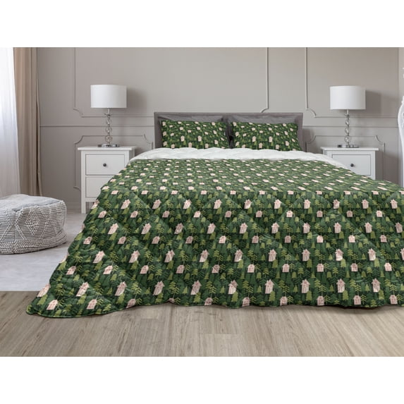 Forest Comforter & Sham Bedding Set, Houses Among Trees in the Woodland Nature Town Countryside Pines Graphic, 3 pcs Duvet Set Microfiber Filling Quilt, 5 Sizes, Apple Green and White, by Ambesonne