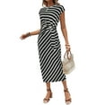 thumbnail image 2 of Women'S Summer Round Neck Casual Elegant Waist Tie Short Sleeve Long Dress Black & White L, 2 of 9