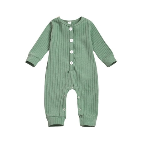 

Binpure Newborn Baby Long Sleeve Romper Solid Color Ribbed Knit Button Jumpsuit Infant Spring Autumn One-piece Clothes