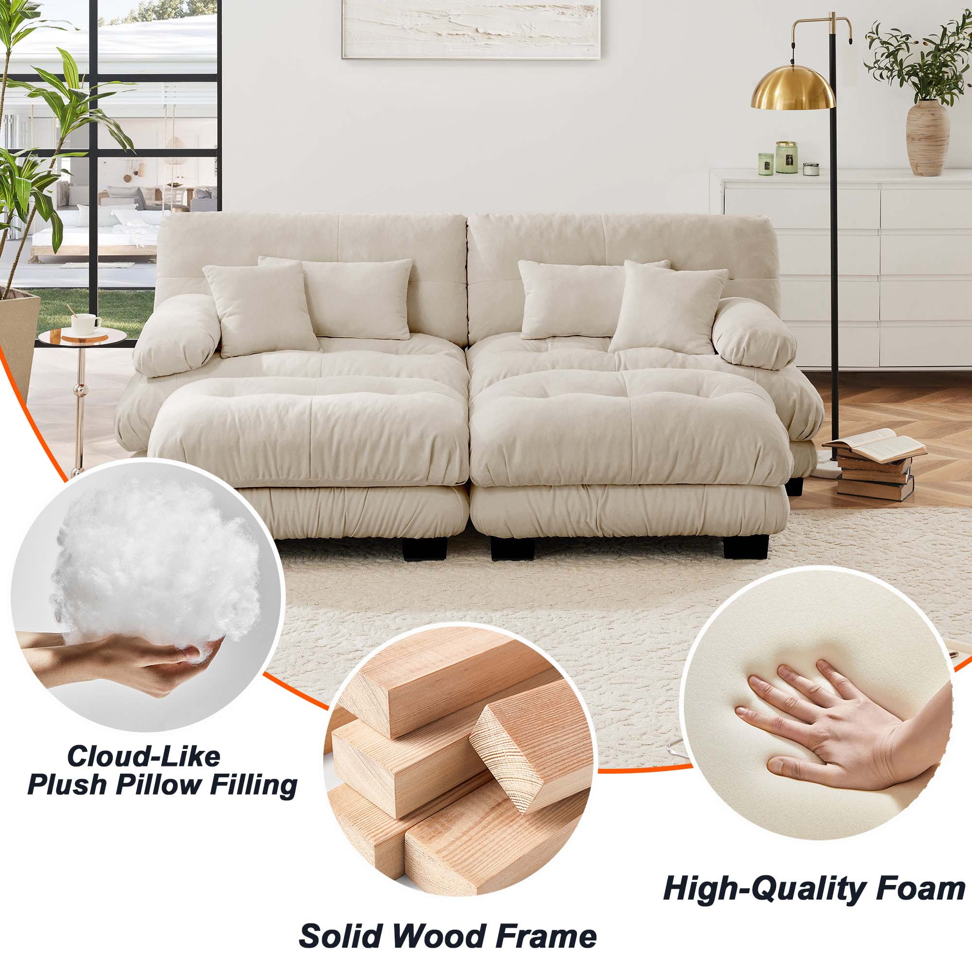 94.4" Cloud Chenille Loveseat Sofa with 2 Moveable Ottomans, Oversized Deep Seat Couch Set for Living Room,Light Green