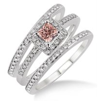 2 Carat Morganite & Diamond Trio set Halo Ring on 10k White Gold