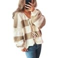 thumbnail image 3 of Chaqueta de Punto Holgada Informal con Cuello en V y Larga para Mujer, Cárdigan de Punto con Cordones y Rayas en Contraste. Caqui L, 3 of 9