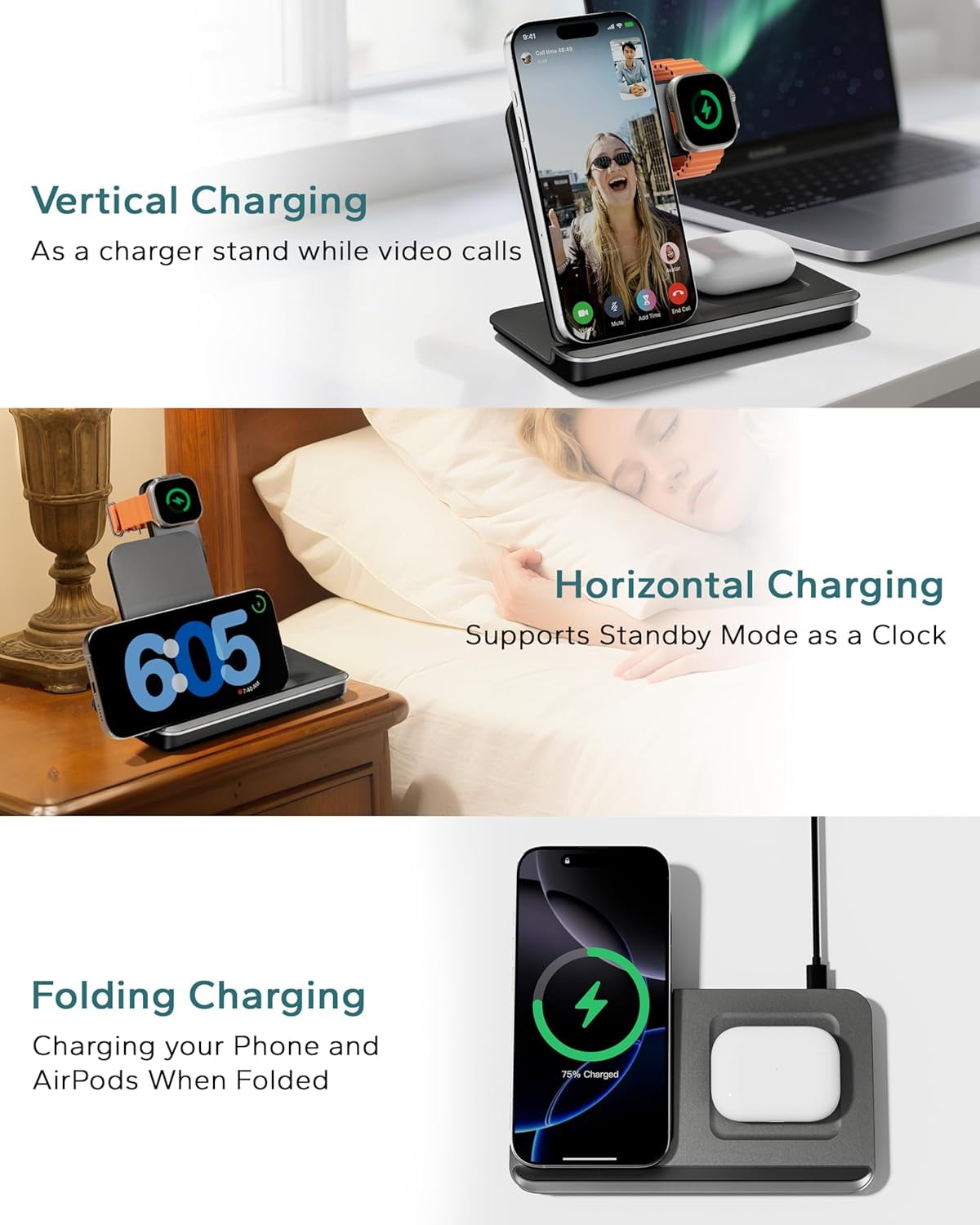 3 in 1 Charging Station for Apple Multiple Devices, Foldable Wireless Charger Stand for iPhone 17 16 15 14, Fast Travel Phone Charging Dock for Apple Watch Ultra 11 10 9 8, AirPods 4 3 Pro