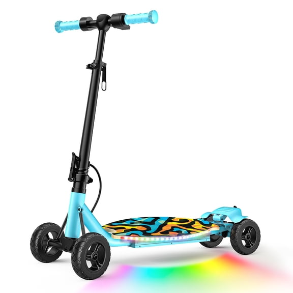 TOYBSNR 4 Wheel 24V Electric Scooter for Kids, Foldable E-Scooter with Rainbow Lights, Rear Brake, 250W Motor, Max 10 MPH & 8.5 Miles, 5 Speeds & Adjustable Balance, Gift for Boys Girls, Blue
