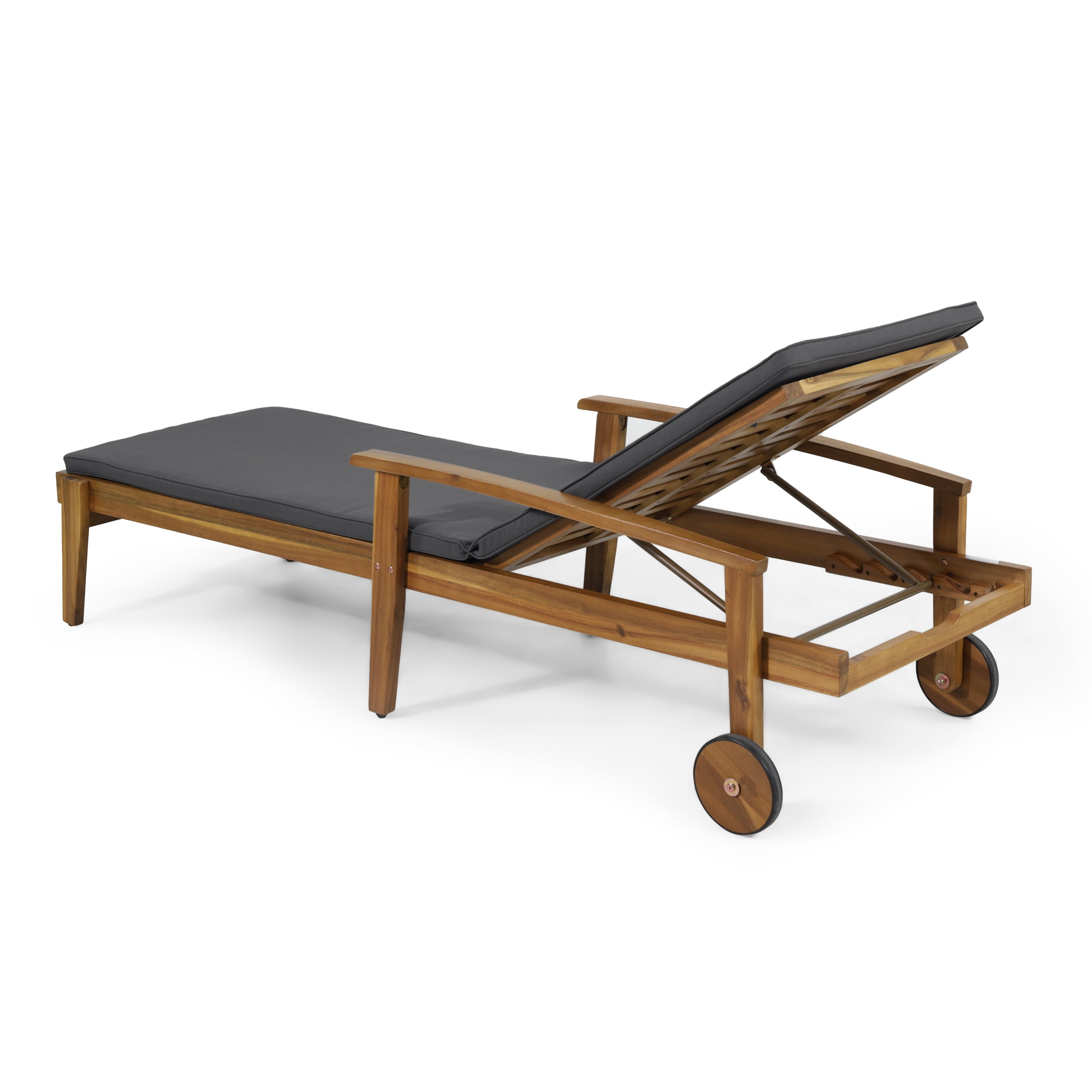 Senia Acacia Wood Outdoor Chaise Lounge with Water Resistant Cushion, Set of 2, Teak and Dark Gray