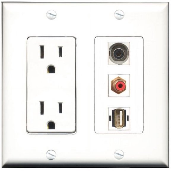 RiteAV - 15 Amp Power Outlet 1 Port RCA Red 1 Port USB A-A 1 Port 3.5mm Decorative Wall Plate