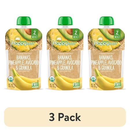 (3 pack) Happy Baby Clearly Crafted, Stage 2 Organic Baby Food, Banana Pineapple & Granola, 4 oz. Pouch