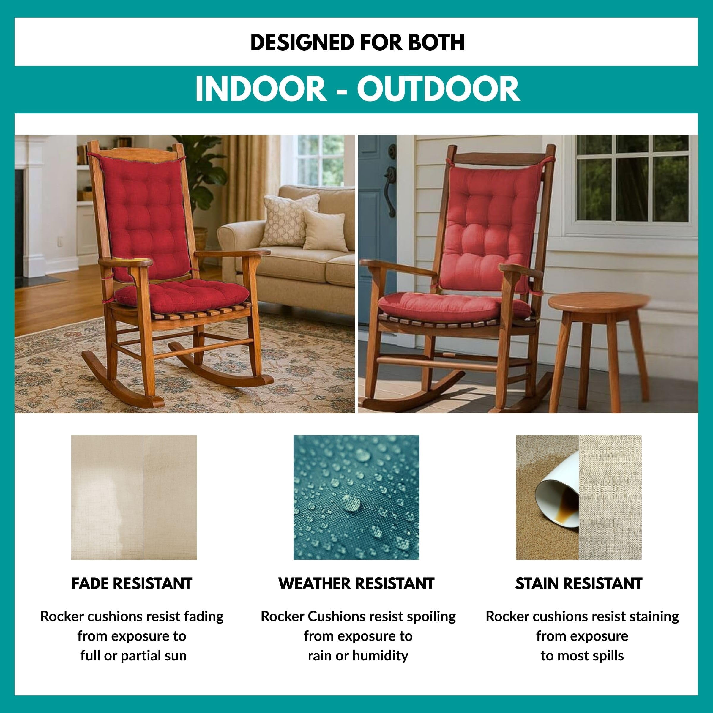 Barnett Home Decor Outdoor Rocking Chair Cushions – Rave Ruby Red Solid, Extra-Large Set Seat 19x19 & Back 18x23, Fade & Weather Resistant Porch Rocker Cushions