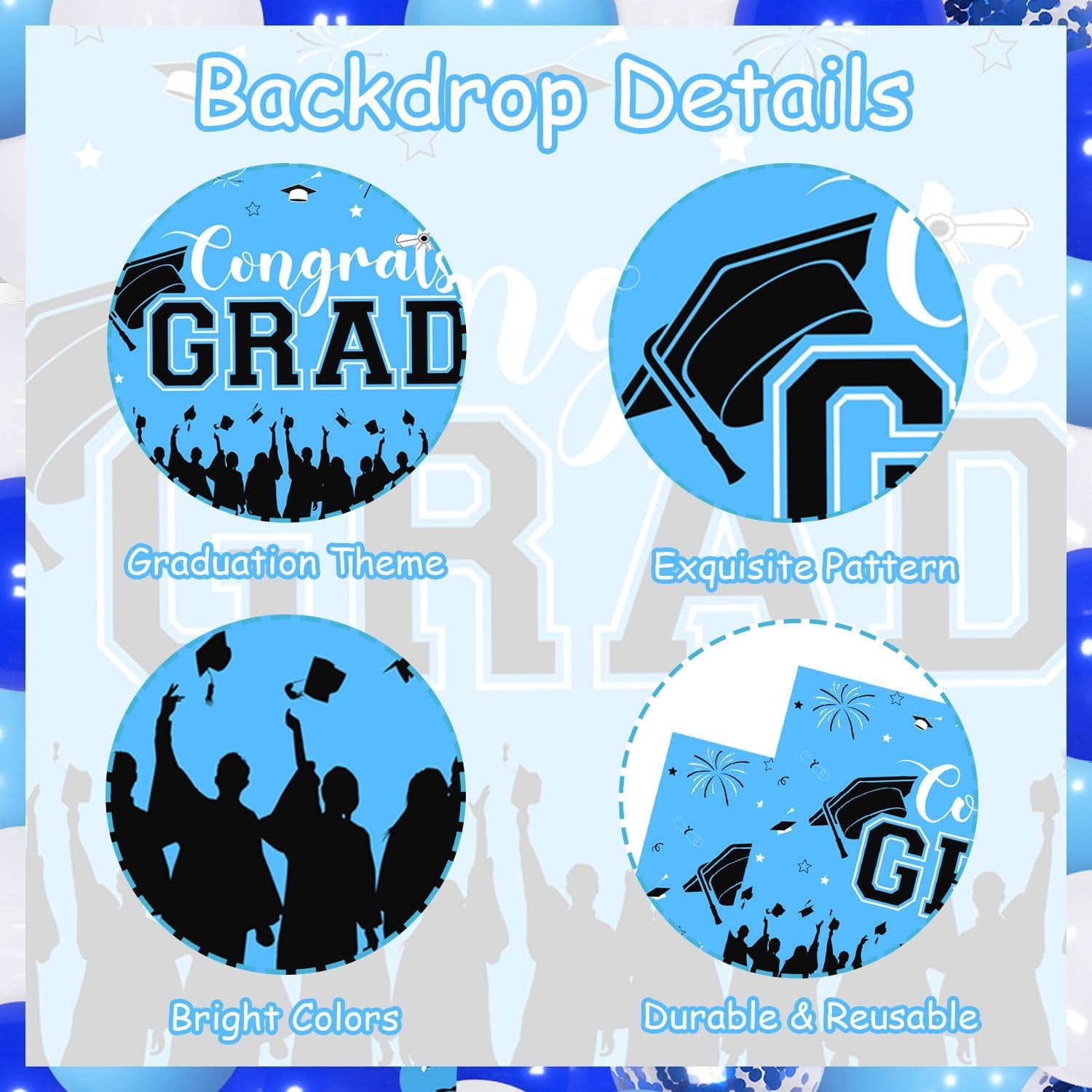 65Pcs Congrats Grad Decorations 2024, Light Blue Graduation Decor with Photography Backdrop Fireworks Bachelor Cap Little Star Printed Blue Wihte Black Balloon Garland Arch Kit for Class of 2024 Grad