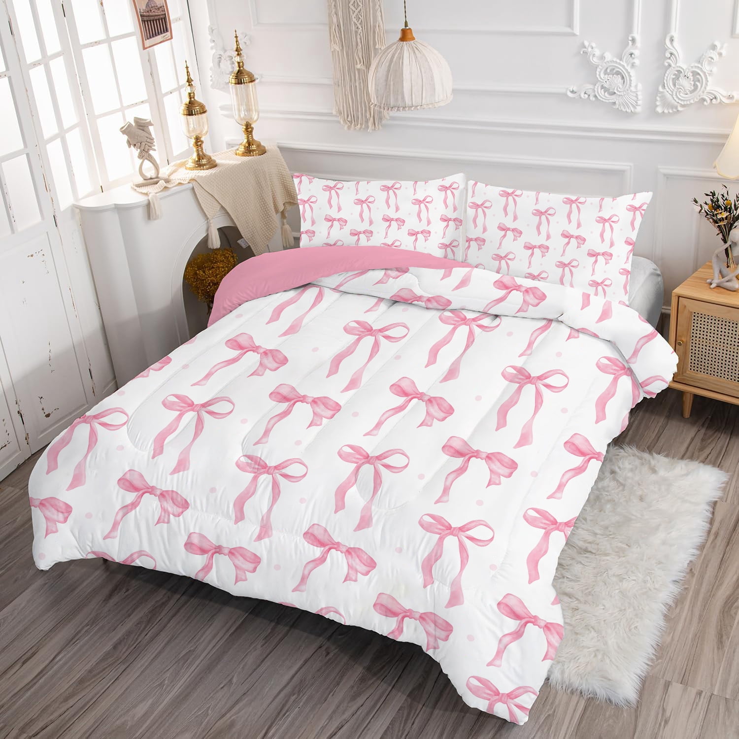 JJCOITR Pink Bow Comforter Set Queen Size for Girls Kids Romantic Princess Style Bowknot Bedding Set Heart Comforter Sets with 2 Pillowcases 3Pcs