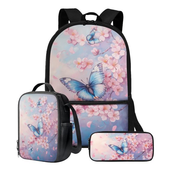 ZUXONGSY Cherry Blossom Butterfly Print 3Pcs School Backpack Set for Boys Girls Teen Shoulder Bag Lunch Box Pencil Case Schoolbags Book Bag Travel Casual Daypack with Zipper Pocket
