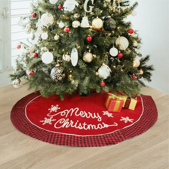 ShenMo Christmas Tree Skirt Black Red Plaid Wrapped Christmas Tree Skirt Christmas Home Decor Tree Skirt