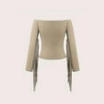 thumbnail image 2 of ZEHJUHAN Women's Western Solid Color Off The Shoulder Long Sleeve Blouse with Fringe Boho Tight Fit Shirt for Spring Khaki，L, 2 of 5