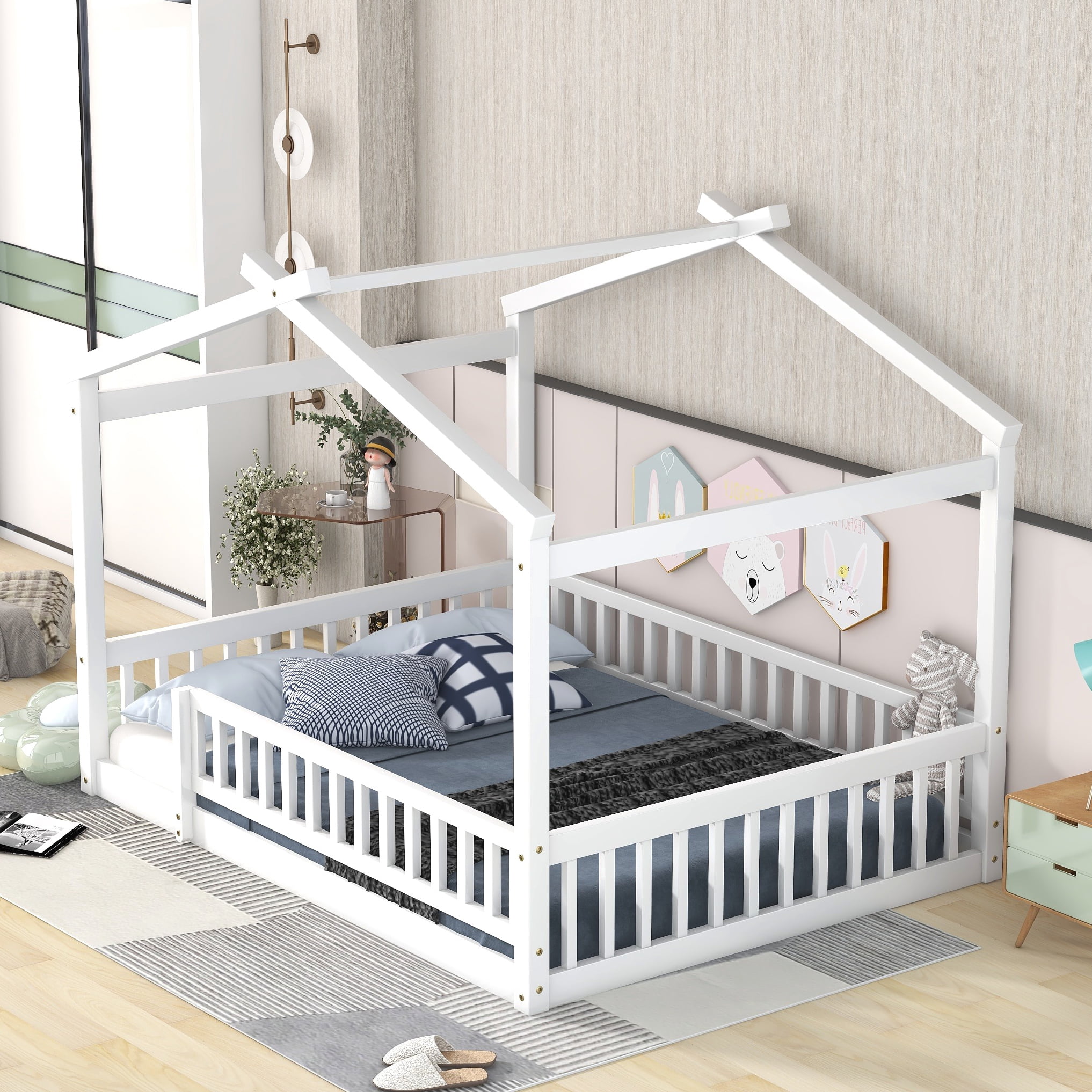 Bellemave Full Size House Floor Bed for Kids, Wooden Montessori Full Bed with Fence Railings and Support Slats, No Box Spring Needed (White)