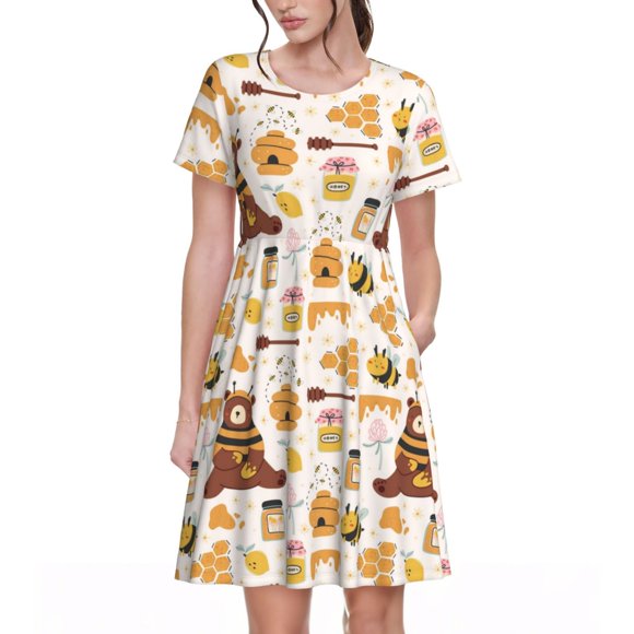 Bixox Women's Short Sleeve Summer Dress Loose Swing Knee Length Dresses with Pockets-Cute Bee Honey Jar Hive Bear