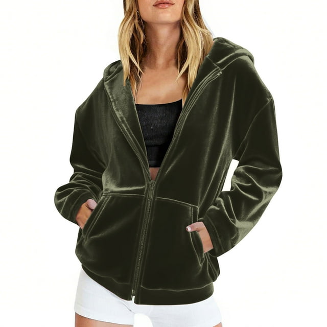 Chandails à Capuchon Surdimensionnés pour Femmes, Chandails en Velours Surdimensionnés à Manches Longues avec Fermeture Éclair et Poche, Col Rond, Grande Taille, Vert Armée